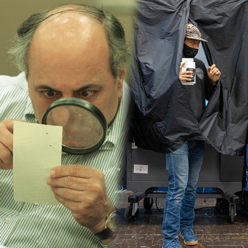 On the left, an election judge looks at Florida butterfly ballot during the 2000 recount. On the right, a woman in a mask exits a 2020 voting booth.